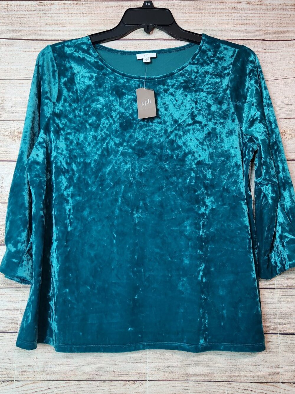 NWT J Jill Oceanside Teal Velour Velvet Top Women's L 3/4 Sleeve Stretch Blouse